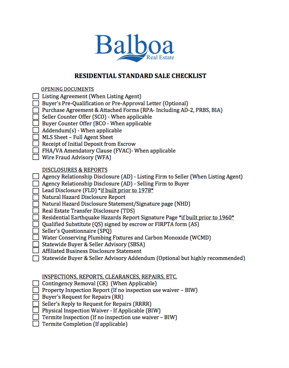 California Real Estate Transaction Checklist BALBOA REAL ESTATE