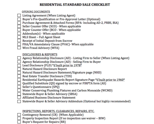 California Real Estate closing Checklist